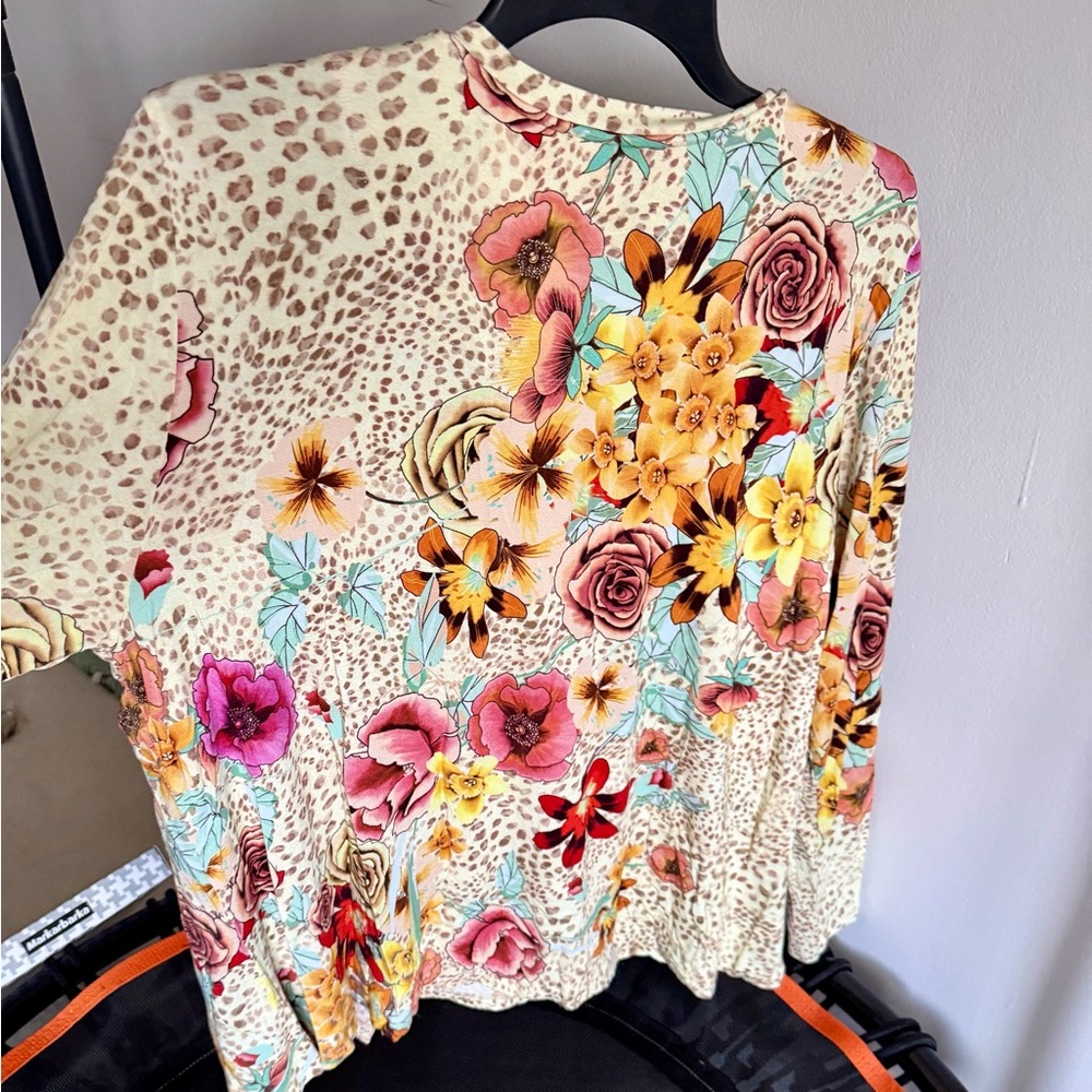 Johnny Was Cream Floral V-Neck Blouse with Pink, Yellow & Turquoise Accents - Picture 3 of 5